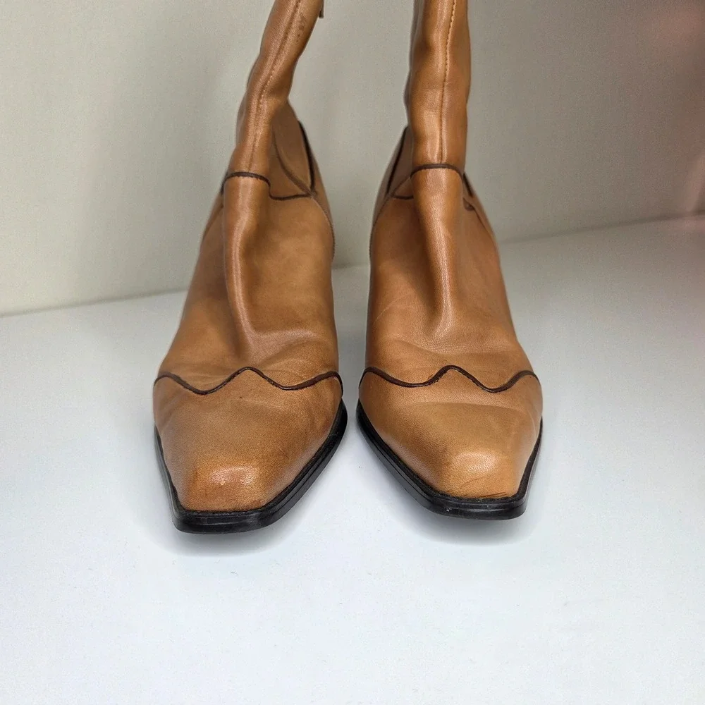 Coldwater Creek Tan Leather Square Toe Ankle Boots‎ Western Piping 10M